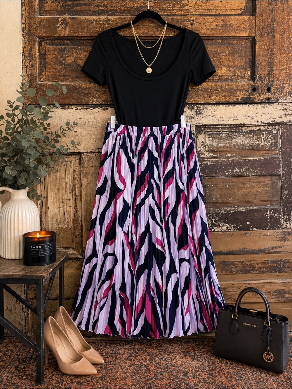 Adrianna Papell | Abstract Pleated Midi Skirt | Pink Navy | NWOT L